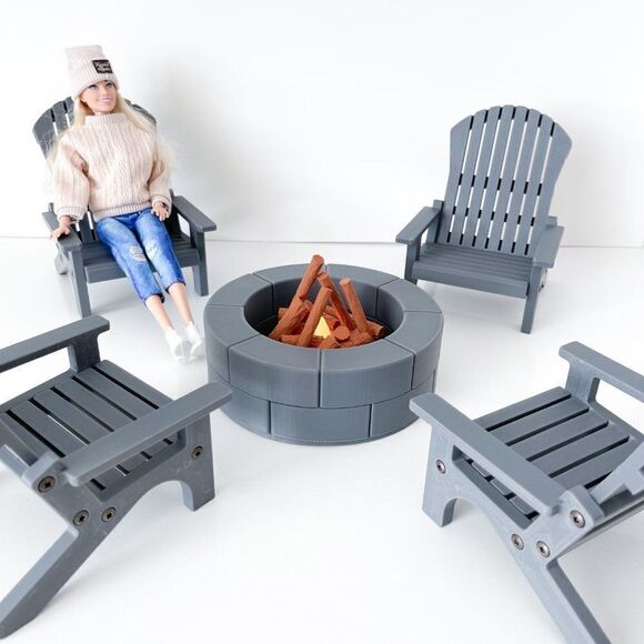 4 Charcoal Miniature Adirondack Chairs Round Firepit W/Flickering Logs 1:6 Scale - Picture 1 of 9